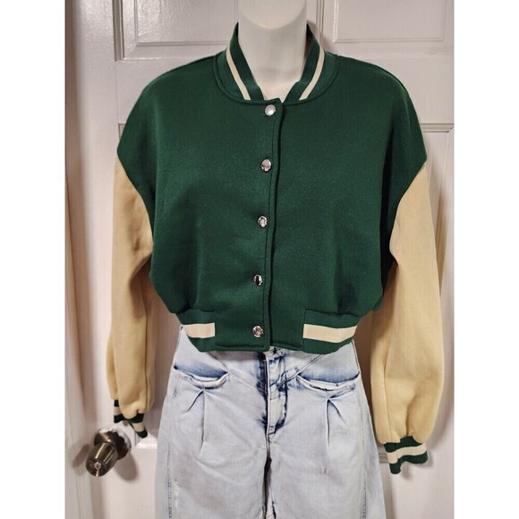 Shein Colorblock Drop Shoulder Crop Varsity Jacket Dark Green - Picture 8 of 9